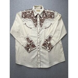Scully Shirt Mens XL White Brown Embroidered Western Pearl Snap Floral Cowboy